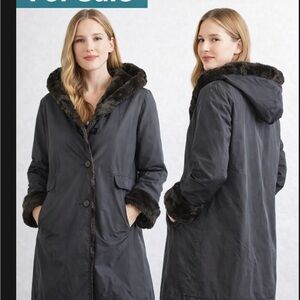 Jane Post Hooded Faux Fur Lined Rain Coat Black spring fashion Jacket